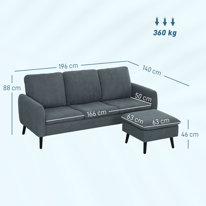 HOMCOM Corner Sofa Bed with Ottoman, 3 Throw Pillows, L-Shaped Corner Sofa for Living Room, Bedroom 196 x 140 x 88 cm Grey | Aosom