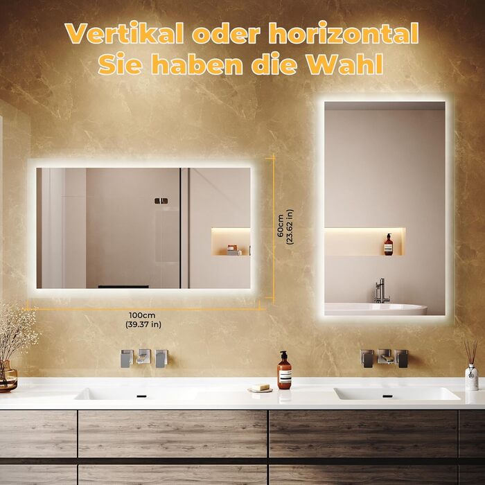 Дзеркало для ванної кімнати з підсвічуванням 60x50x3,5 см, LED, 6400K, холодний білий, економія енергії, вертикальне/горизонтальне кріплення, вимикач на стіні, матові краї