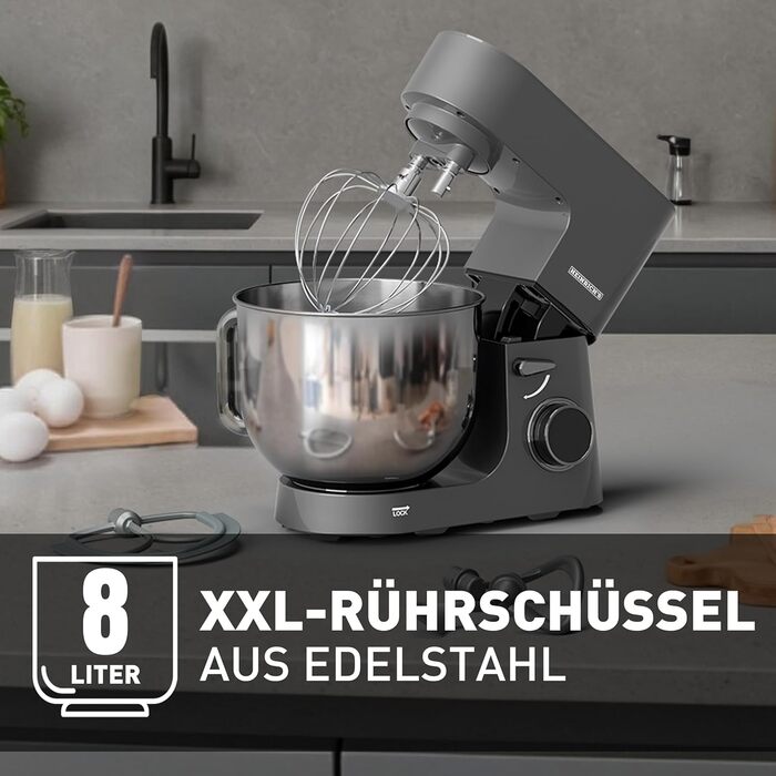 Кухонна машина Heinrichs 2500W з двома гаками для тіста, міксером та вінчиком, 8 швидкостей, чаша 7л з нержавіючої сталі, тиха, з титановим покриттям