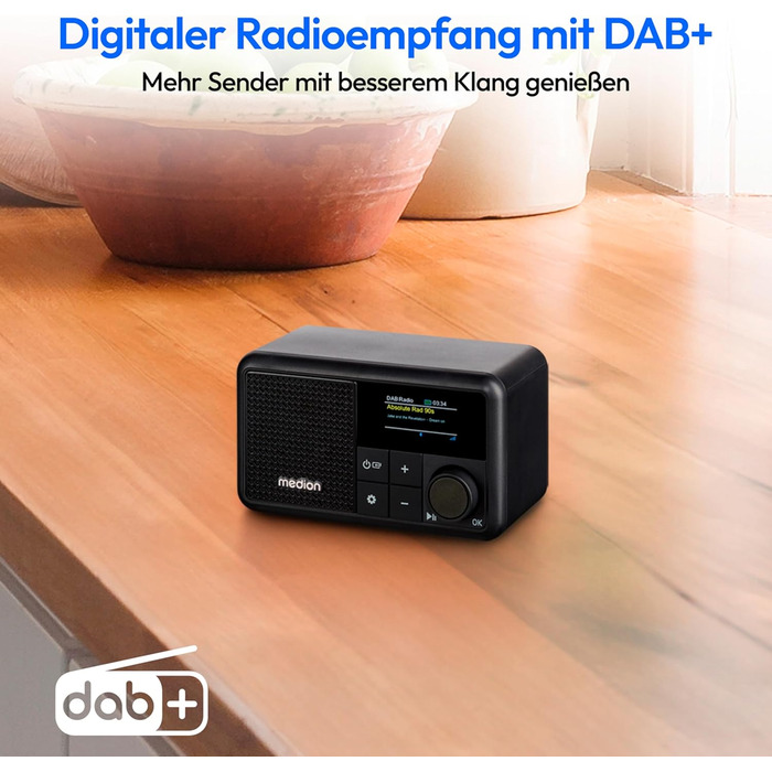 MEDION S66822 Портативне міні-радіо DAB+ з Bluetooth, акумулятор до 6,5 годин, дисплей, телескопічна антена, таймер сну, будильник, AUX, USB-C, зелений (чорний)