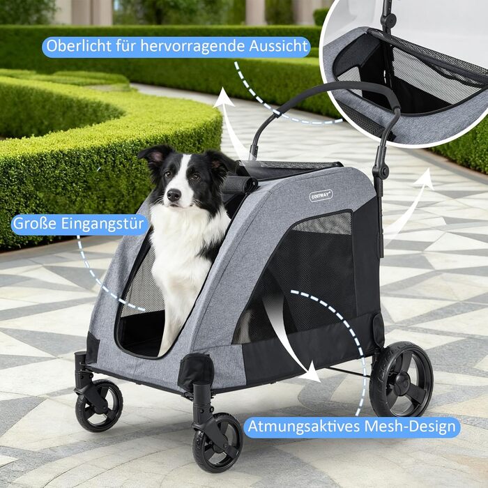 GOPLUS Складаний візок для собак, переносний для домашніх тварин на 4 колесах з кишенькою, сітковими віконцями та регульованою ручкою, візок для собак, розкладний, 60 кг, 67 x 98 x 88 см