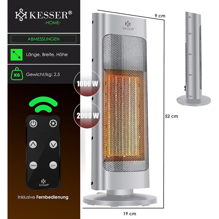 KESSER® Heater with Remote Control - Energy-Saving, Quiet, 2000W Ceramic Heater, Standing Heater, 15-30°C - Quick Heater with 80° Oscillation Function, 24h Timer, Tower Heater, Black