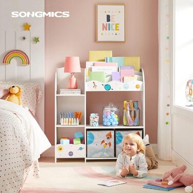 Дитячий стелаж SONGMICS для іграшок і книг, органайзер з 2 ящиками, білий, космічний дизайн