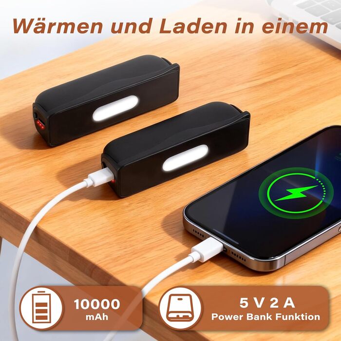 Електричний грілка для рук Citybee 10000 mAh з магнітною підключенням (2 шт.) - портативний нагрівач з підсвічуванням, 3 режими, до 55°C - для кемпінгу, туризму, активного відпочинку