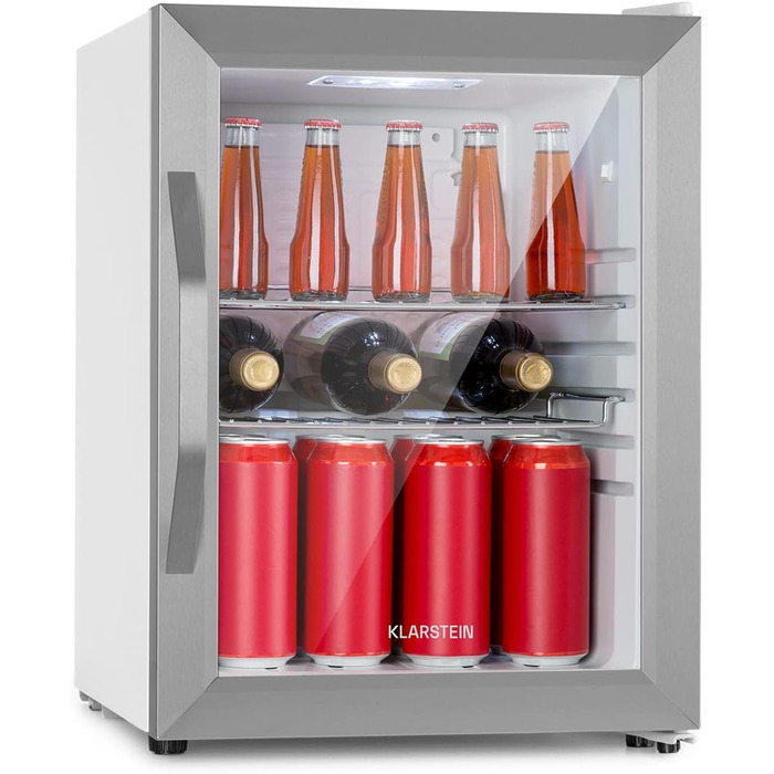 Міні-холодильник Klarstein з скляними дверцятами, 33 л, срібний, для кімнати, тихий, з регульованими полицями