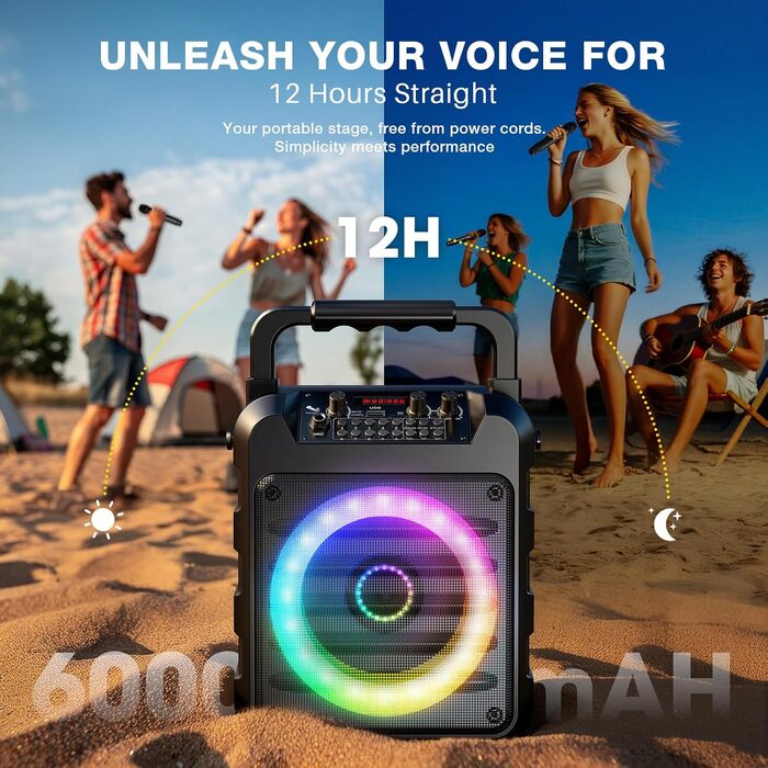 Портативна караоке-колонка Dislocati з 2 мікрофонами, 20W, LED-підсвітка, Bluetooth 5.3, AUX/USB, до 12 годин роботи - ідеальний подарунок для дітей та дорослих, чорний колір