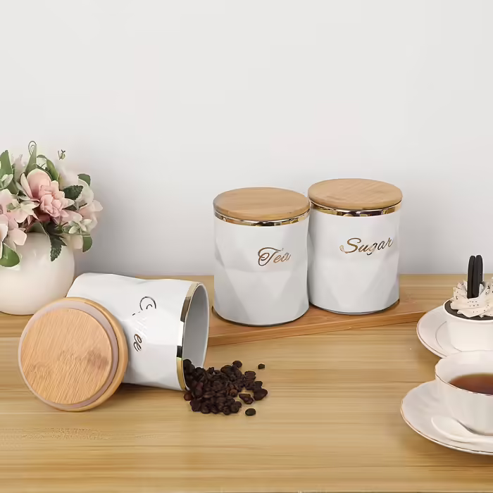 BTSKY White Ceramic Canisters for Sugar, Coffee, Tea, with Lid and Tray, Airtight, Set of 3 Storage Containers, Food Storage Containers, Pots, Jars with Bamboo Lids for Kitchen Counter