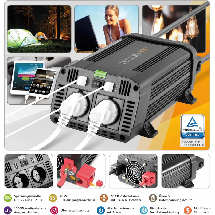 Автомобільний інвертор Technaxx TE16 12В-230В, 1200Вт/2400Вт, 2x Schuko, 2x USB, TÜV Rheinland, перетворювач напруги