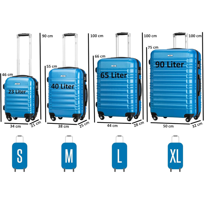 Набір валіз Zelsius 4 шт., блакитний | ABS, з кодовим замком, 4 колеса, внутрішній роздільник | Ручна валіза, 4 шт., Trolley, великий, набір валіз