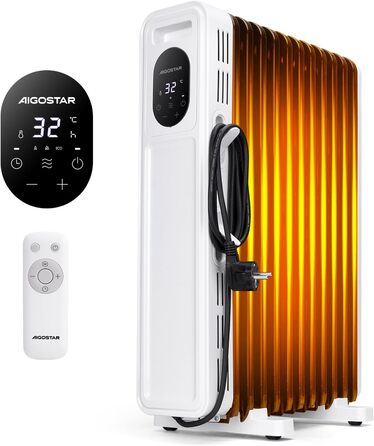 Електричний масляний радіатор Aigostar Cozy 2300W з пультом керування, 11 ребер, термостат, 3 режими, таймер 24г, LED-дисплей, захист від перекидання та перегріву