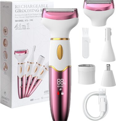 Електричний жіночий тример 4-в-1 з цифровим дисплеєм – для обличчя, ніг, під пахвами та інтимної зони, водонепроникний IPX7, USB-зарядка, рожевий