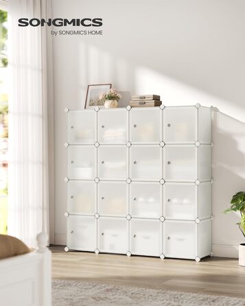 SONGMICS Regal System, Shoe Rack, Set of 16 Cubes, Plastic Closet Organizer with Doors, Modular Shelf, Storage for Clothes, Shoes, and Books, Easy Assembly, LPC443G01 (16 Cubes (123B x 123H cm), Cream White)