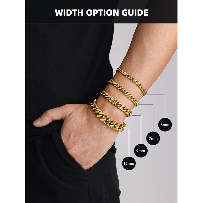 Чоловічий браслет-ланцюжок Miami Bestyle з нержавіючої сталі, 5/7/9/12.5 мм, 19/21/23 см, з подарунковою коробкою