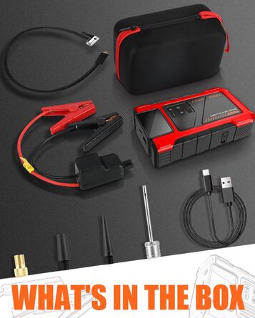 Powerbank для автомобіля з компресором 150 PSI та пусковим струмом 6000A (до 9.0л бензин/7.5л дизель), Jump Starter 12V з LCD дисплеєм, LED ліхтарик, червоний
