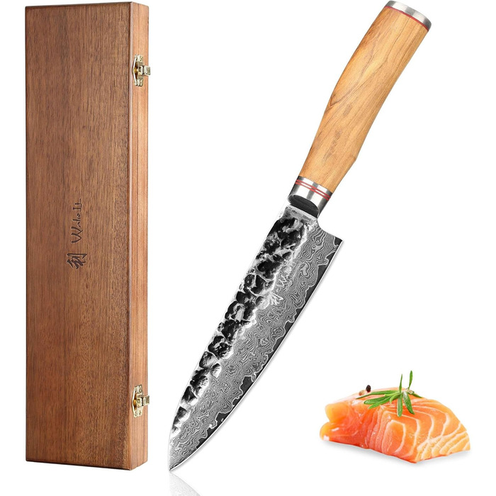 Ніж Santoku Wakoli Olive з дамаської сталі 17 см - професійний кухонний ніж з дамаської сталі 67 шарів з серцем VG10, ручка з оливкового дерева - для м'яса, риби та овочів, в дерев'яній коробці