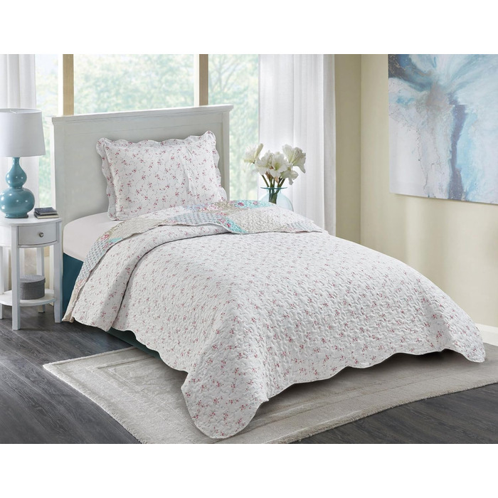 Набір постільної білизни Brilliant Sunshine Grey Heart Love Patchwork: ковдра та наволочка, двоспальне ліжко, блакитно-зелений, стегане покривало