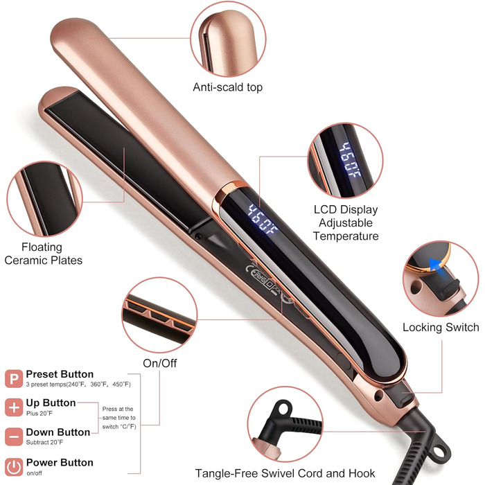 Випрямляч для волосся JAETON 2-в-1: випрямлення та локони, керамічне покриття, LCD дисплей, 100-230°C