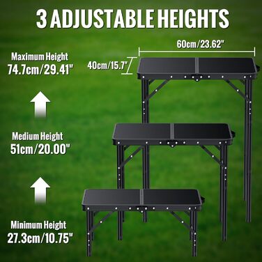Складний кемпінговий стіл GARLLEN 60x40 см, регульована висота (27/51/75 см), чорний - для пікніка, саду, балкону, пляжу