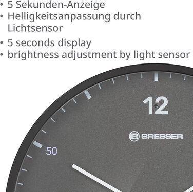 Bresser MyTime Radio-Controlled Wall Clock with Silent Movement, 24 cm Dial, LED Second Display, Indoor Temperature and Silent Radio Clock Movement, Grey