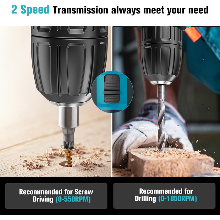 Акумуляторний шуруповерт BETENST 21V з 2 акумуляторами 2.0Ah, 42Nm, 25+3 ступені крутного моменту, 2 швидкості, LED-ліхтар, 30-ти елементний набір для дому та саду, DIY проєкти, блакитний