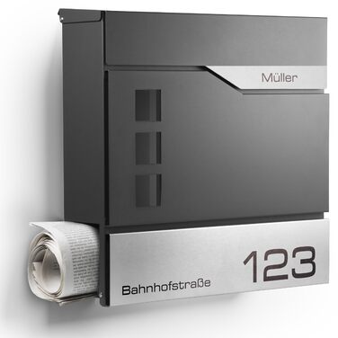 Поштовий ящик Oslo Anthrazit RAL7016 з газетницею та гравіюванням: індивідуальний дизайн, нержавіюча сталь, стійкість до УФ-випромінювання