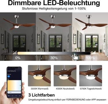 Стеляний вентилятор Reiga 132 см з LED-підсвічуванням та пультом керування, тихий реверсивний DC мотор, 6 швидкостей, керування через додаток, колір коричневий, лопаті з імітацією дерева