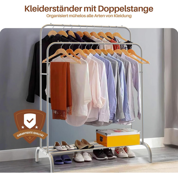 Підставка для одягу PORTENTUM: сталева, до 35 кг, з подвійною перекладиною та полицею для взуття, протиковзкі ніжки, захисні кінчики, швидкий монтаж, білий (без вішалок)