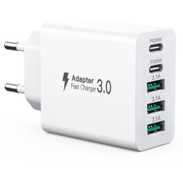 Зарядний пристрій USB-C 50W, 5 портів: 2 USB-C + 3 USB-A, Fast Charge PD 3.0, сумісний з iPhone, Samsung, планшетами - Білий