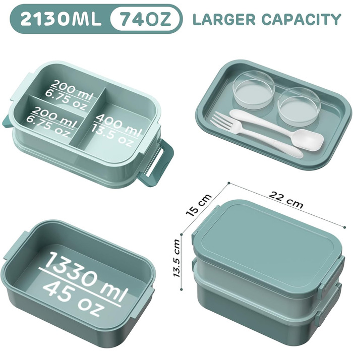 WayEee Ланчбокс для дорослих 2130 мл, Bento Box, витікання, Brotdose, BPA Free, для офісу, школи (Зелений)