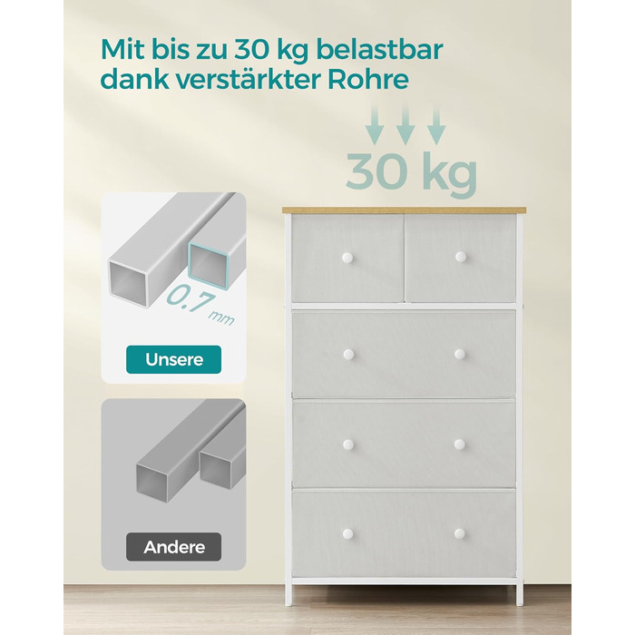 SONGMICS Chest of Drawers, Storage Cabinet, 5 Fabric Drawers, for Entryway, Living Room, White-Oak Finish LTS514W57
