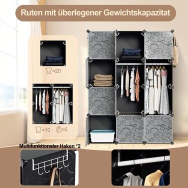 DIY Closet Shelf System, 16 Cubes Wardrobe Closet, Open Wardrobe, Plastic Wardrobe with Doors, Wardrobe Cabinet, Black, 180 x 142 x 37CM (Black 12 Cubes with Clothes Hooks)