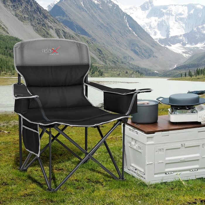 Кемпінговий стул складний RELAX FIELD 200KG з підстаканником та сумкою-холодильником, чорний
