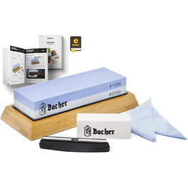 Преміум точильний камінь Bacher. Двобічний, зернистість 400/1000. Точило для ножів з антиковзним бамбуковим блоком, камінь для заточування, допоміжний інструмент для заточування та детальна інструкція у форматі eBook.