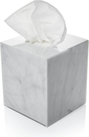 Acrylic tissue holder, transparent tissue box for cosmetic tissues, napkins, and lint-free cloths. Perfect for bathrooms, desks, workspaces, and vanity tables (Square, Marble)