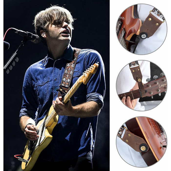 Гітарний ремінь Nefelibata з жаккардової бавовни з шкіряними кінцями Crazy Horse для бас-гітари, електрогітари та акустичної гітари, подарунок для дітей, гітаристів, ретро коричнева квітка