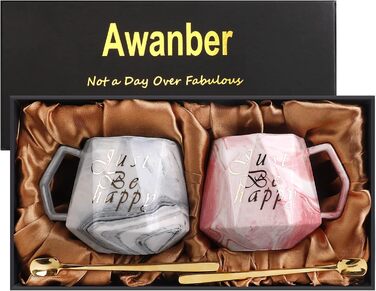 Just Be Happy - Set of 2 Coffee Mugs, Awanber 15 Oz. Ceramic Marble Coffee Mugs, Best Mug Set Gift for Women, Girlfriend, Couples, Partner, Mother for Birthday, Christmas, Wedding – in Gift Box