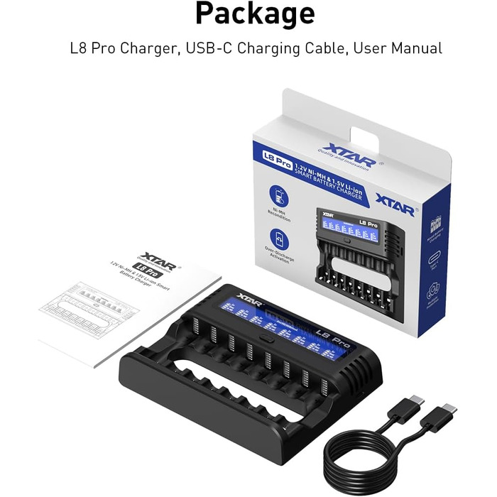 Зарядний пристрій XTAR L8 Pro для AA/AAA NiMH та Li-Ion 1.5V/1.2V з USB-C, LCD дисплеєм та функцією відновлення/ремонту