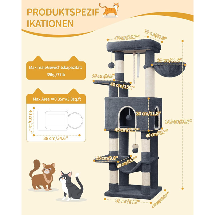 Дерево для котів Hzuaneri, 149 см, з 5 стовпчиками для шліфування, великими платформами, гніздом-хованкою, багатоярусне, з помпонами, MS14918LG (темно-сірий)