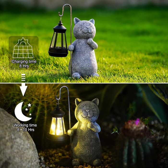 Yeomoo Cat Garden Statues for Outdoors with Solar Lantern – Funny Waterproof Solar Lamp Figure Garden Decor for Outdoors Balcony Terraces Gifts for Women Men Mom Birthday Fairy Garden Grey