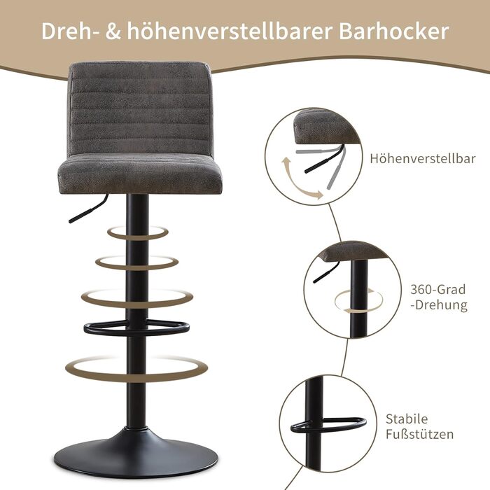 JYMTOM Adjustable Bar Stools Set - 360° Swivel Velvet Padded Counter Stools for Bar, Kitchen, Bistro, Cafe & Dining Room (2, Grey)