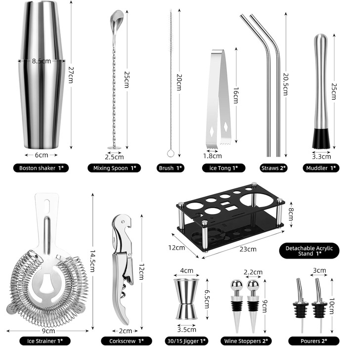 Набір для приготування коктейлів Cinnani: шейкер Boston, аксесуари, 750 мл, нержавіюча сталь, для дому, барів та вечірок