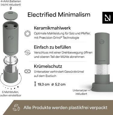 Електричні млини для солі та перцю LARS NYSØM (2 шт.) з регульованим керамічним подрібнювачем, працюють від AAA батарейок, сірий колір