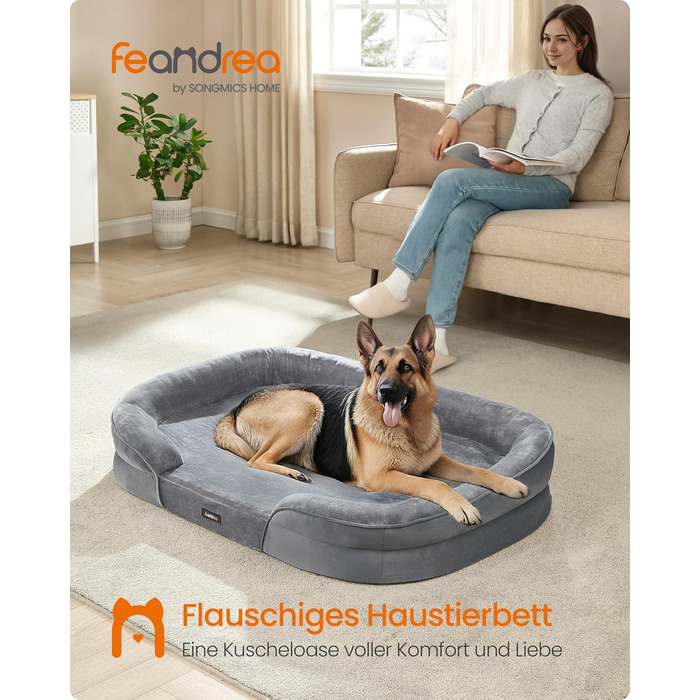 Ліжко для собак Feandrea, ортопедичне, велике, 122 x 85 x 20 см, водонепроникне, знімний чохол, сіре
