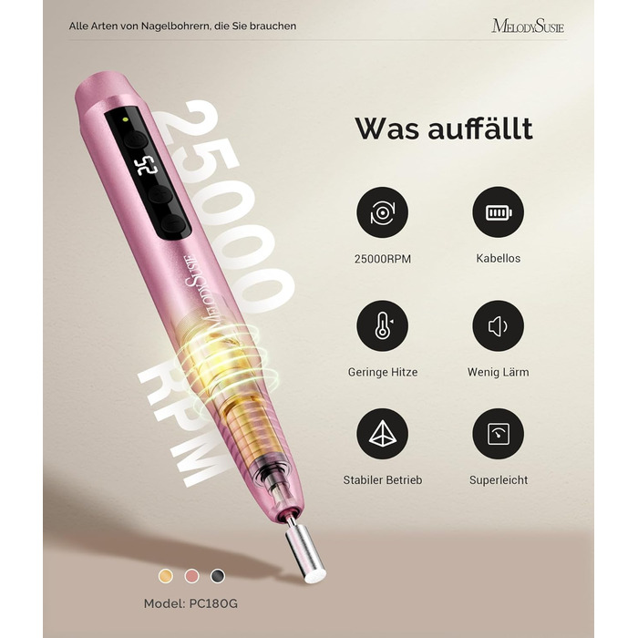 Електричний фрезер для нігтів MelodySusie PC180G Rose: професійний набір для манікюру та педикюру з LED-дисплеєм та 25 швидкостями