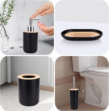 Bathroom Accessories Set - 6Pcs Bathroom Accessories Set made of Bamboo, Lotion Bottles, Toothbrush Holder, Tooth Cup, Soap Dish, Toilet Brush, Trash Can (Set of 6)