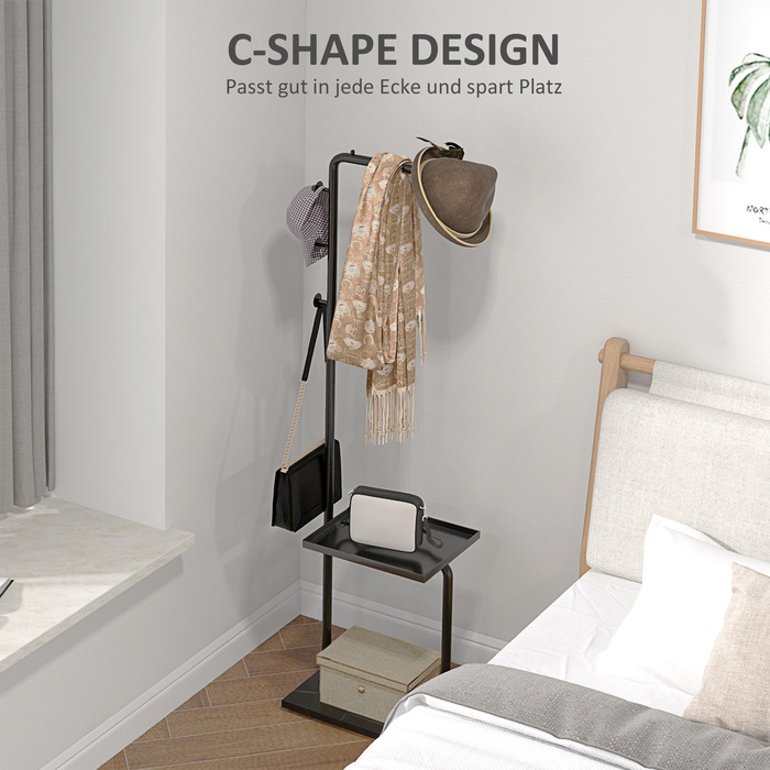 HOMCOM Coat Rack Clothes Rack with Hooks & Tray for Clothes & Hats, Hallway & Entrance, 45x28x148 cm Black