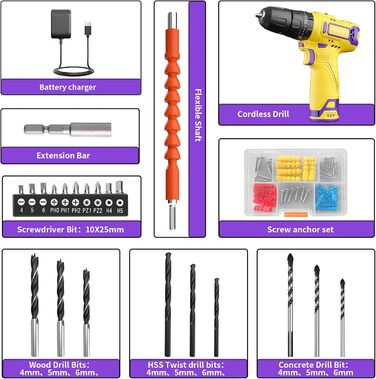Акумуляторний ударний дриль-шуруповерт PULITUO 12V, комплект, металевий патрон 3/8', 21+1+1 ступінь крутного моменту, LED-ліхтар, 35 Нм, акумулятор 1300 mAh