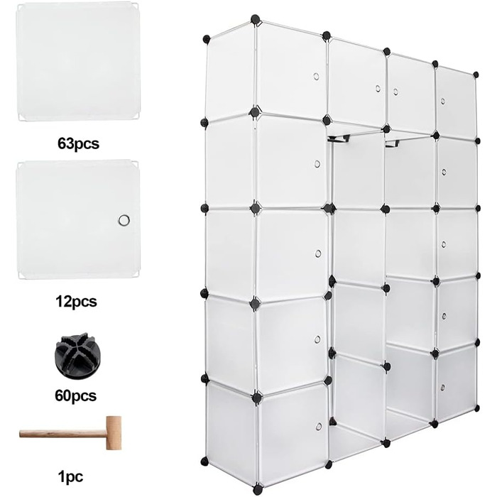 Wardrobe, Portable Shelving System, 20 Cube DIY Shelving System Wardrobe Open Plastic Closet with Doors Closet Cabinet White 180 x 142 x 37CM