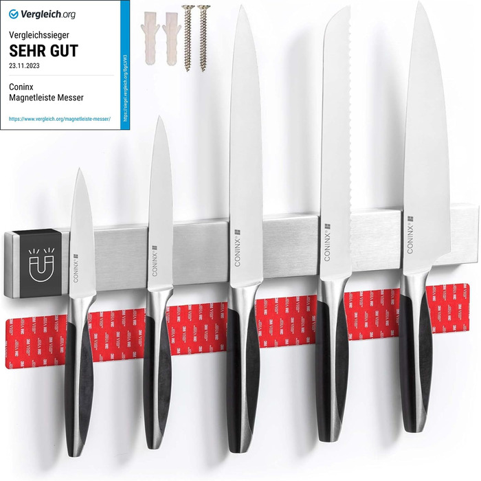 Coninx Magnetic Knife Strip 40cm with High Load Capacity | Magnetic Stainless Steel Knife Holder for Kitchen Knives | 1400 Gauss Magnet | Easy to Mount without Drilling | Beautifully Crafted with Rounded Corners