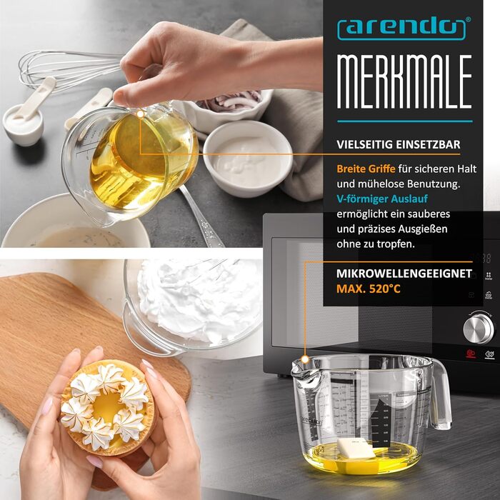 Arendo - Borosilicate Glass Measuring Cup Set - Sizes 1000ml, 500ml, 250ml (1l, 0.5l, 0.250l) – Glass Measuring Jug, Pitcher – Precise Scale – Heat Resistant – Microwave Safe – Kitchen Measuring Cup